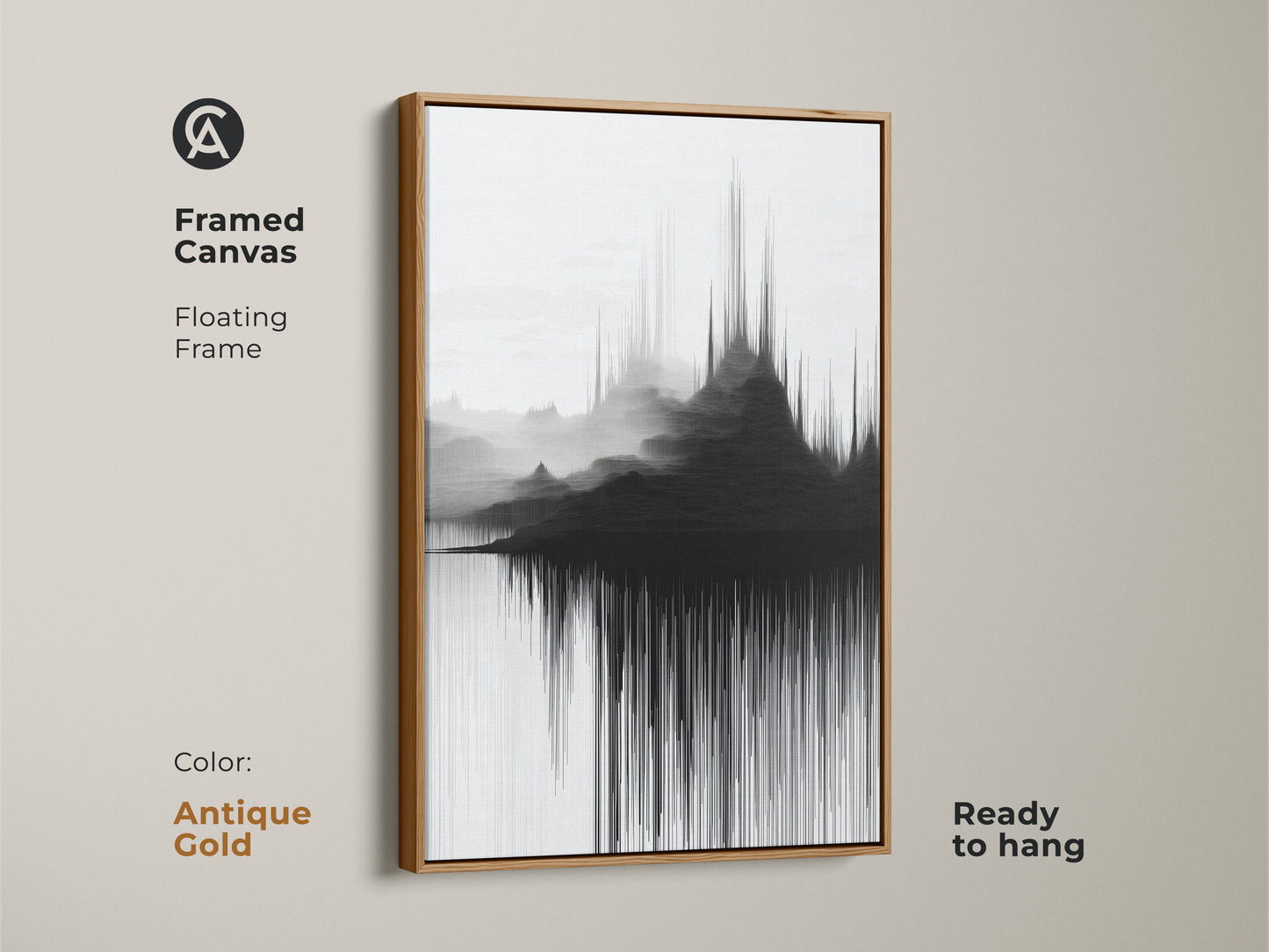 Antique gold floating frame highlights this canvas art print with minimalist soundwave mountains. The contemporary black and white wall decor creates visual appeal. Ready to hang this abstract art complements any room. The abstract landscape makes a stunning statement.