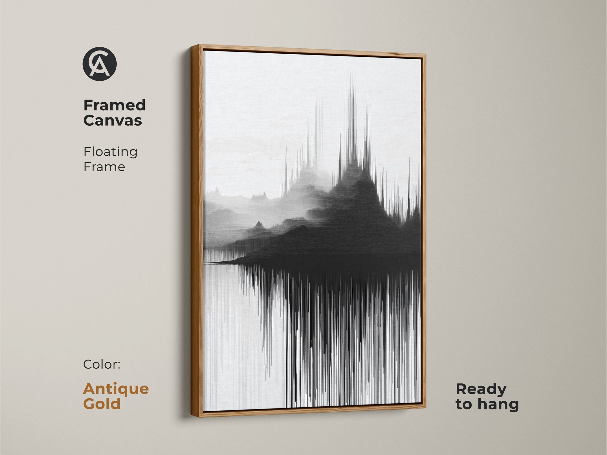 Antique gold floating frame highlights this canvas art print with minimalist soundwave mountains. The contemporary black and white wall decor creates visual appeal. Ready to hang this abstract art complements any room. The abstract landscape makes a stunning statement.