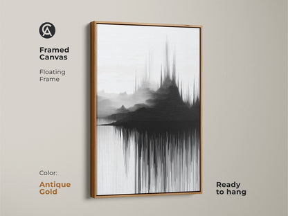 Antique gold floating frame highlights this canvas art print with minimalist soundwave mountains. The contemporary black and white wall decor creates visual appeal. Ready to hang this abstract art complements any room. The abstract landscape makes a stunning statement.
