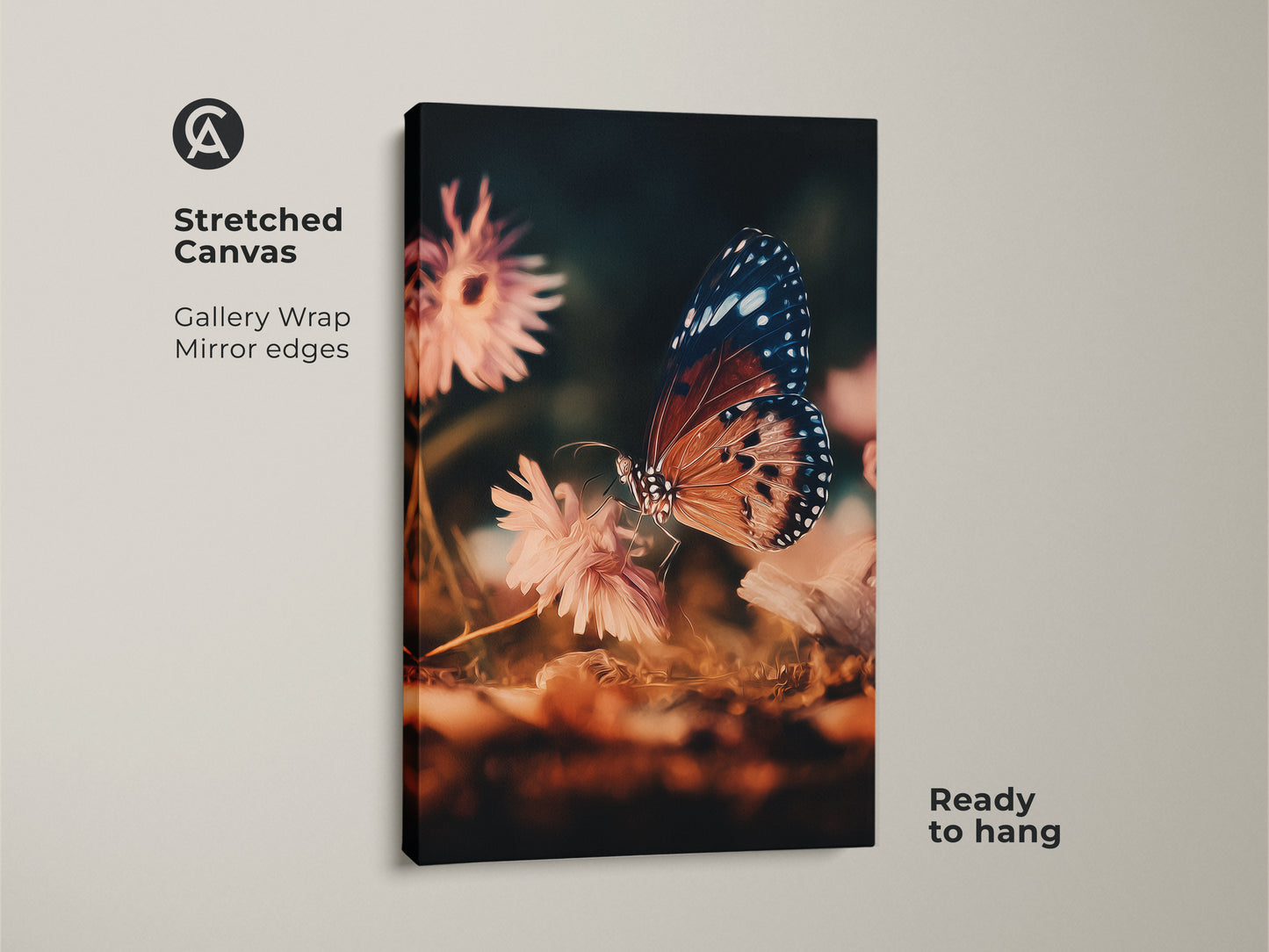 Stretched canvas gallery wrap of a butterfly and flower. This macro artwork shows a butterfly on a peach flower. This teal nature print is ready to hang. Perfect for eclectic home decor.