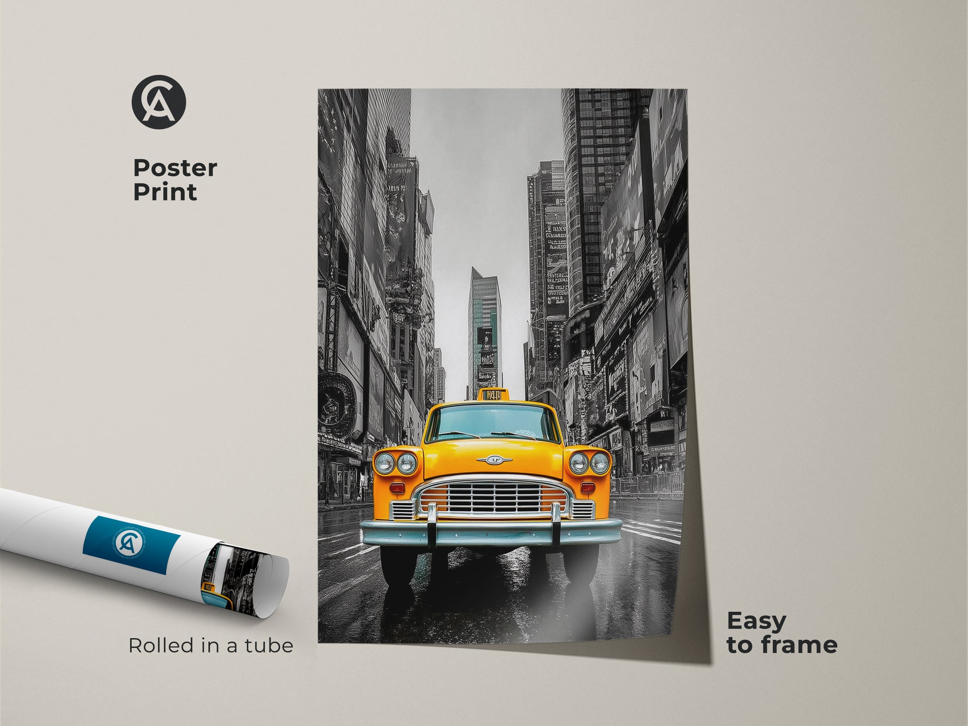 This poster print features a photographic artwork of NYC. A yellow taxi cab stands out against a grayscale Times Square. The print is easy to frame and arrives rolled in a tube. Add a touch of urban charm with this city street photograph.
