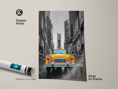 This poster print features a photographic artwork of NYC. A yellow taxi cab stands out against a grayscale Times Square. The print is easy to frame and arrives rolled in a tube. Add a touch of urban charm with this city street photograph.