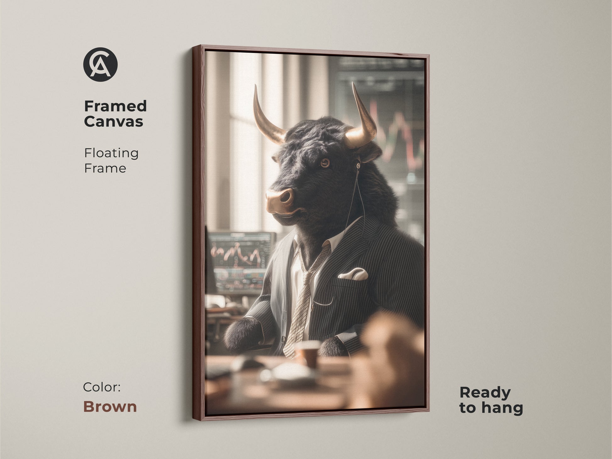 Framed canvas artwork of a bull dressed as a stock market trader. The floating frame is brown. This ready to hang art adds a touch of sophistication. The bull in a suit and tie analyzes market data. Ideal for finance enthusiasts.
