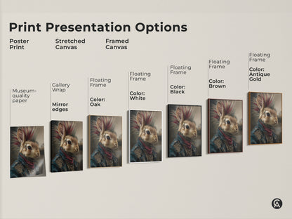 Sizing guide showcasing the punk rock bunny artwork. This mohawk rabbit wall art is available in various sizes for canvas and poster prints. Perfect for adding an eclectic touch to your man cave or study decor.