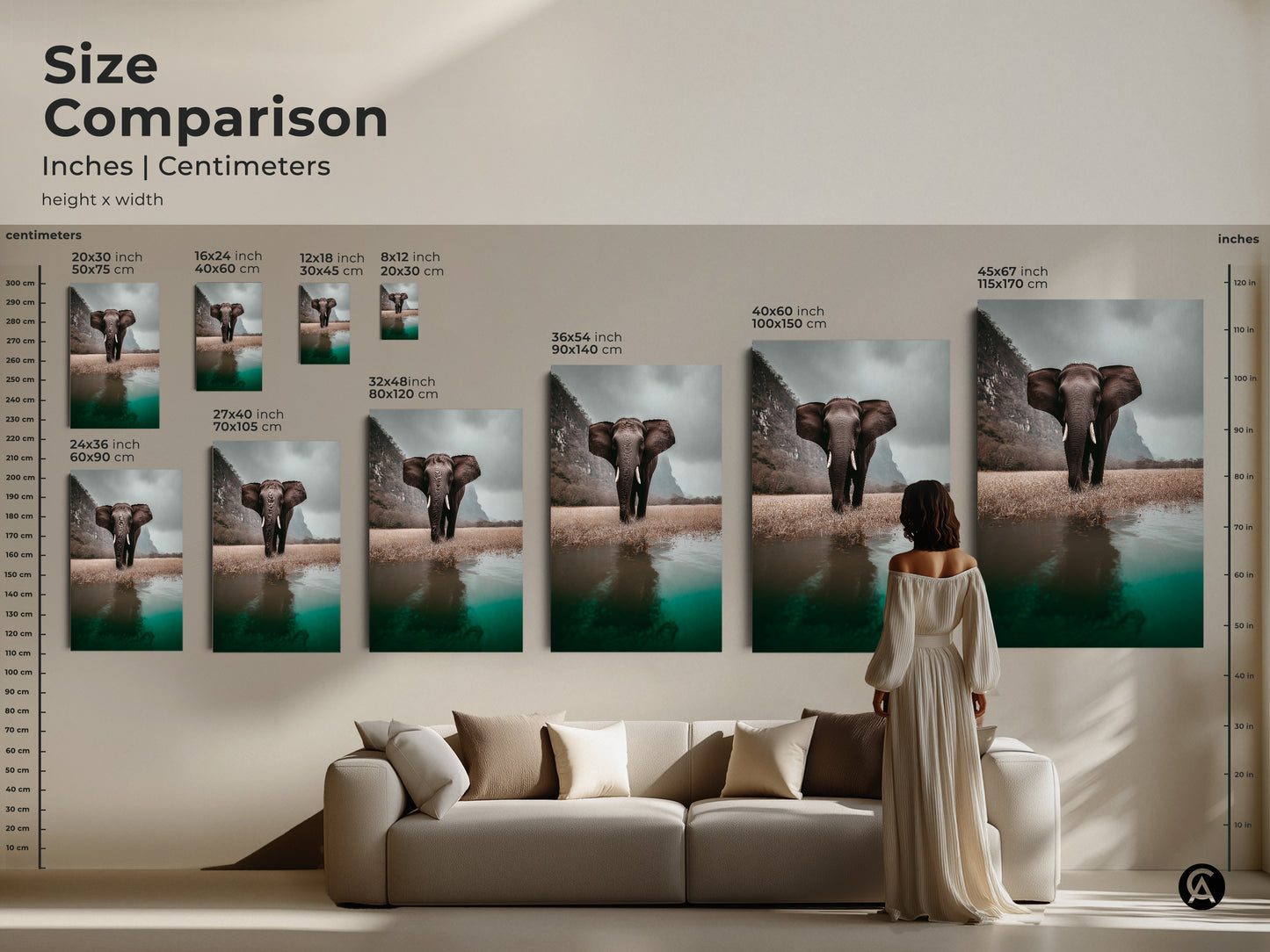 Size comparison of elephant art in inches and centimeters. This photorealistic animal print is available in various sizes. It can be displayed above a sofa. Perfect for eclectic home decor and animal lovers. The wildlife landscape adds a touch of natural history charm to any residential space.