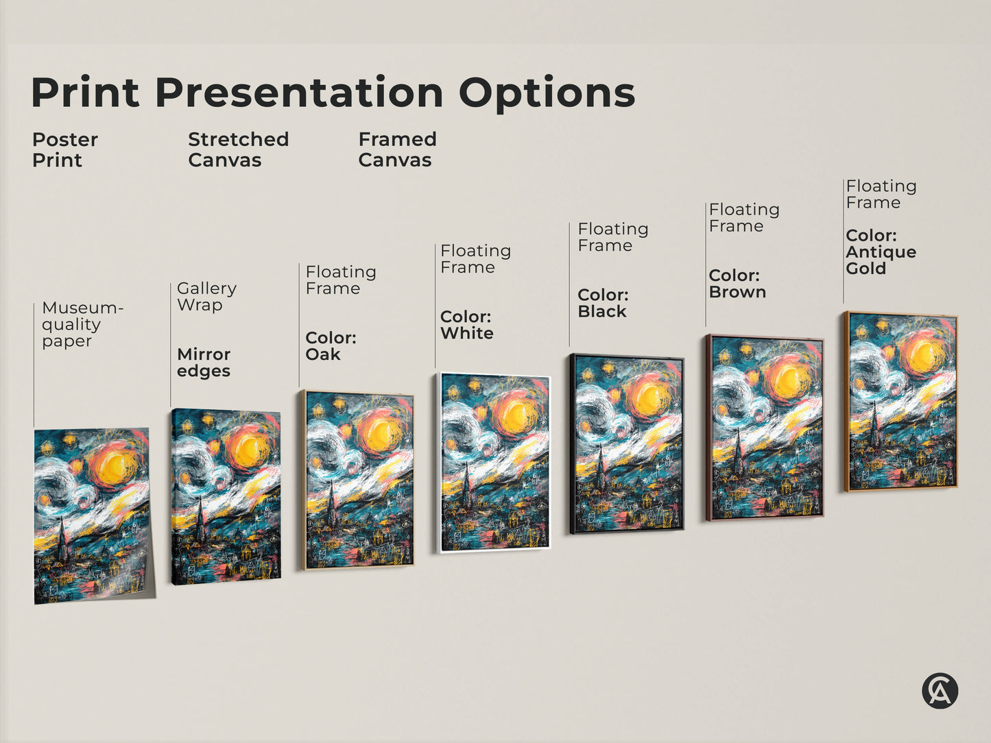 Explore our print presentation options for this stunning artwork. Choose from poster prints to stretched canvases and framed canvases. Each format showcases a modern take on Van Gogh's Starry Night. Find the perfect match for your style.