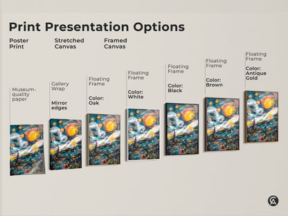 Explore our print presentation options for this stunning artwork. Choose from poster prints to stretched canvases and framed canvases. Each format showcases a modern take on Van Gogh's Starry Night. Find the perfect match for your style.