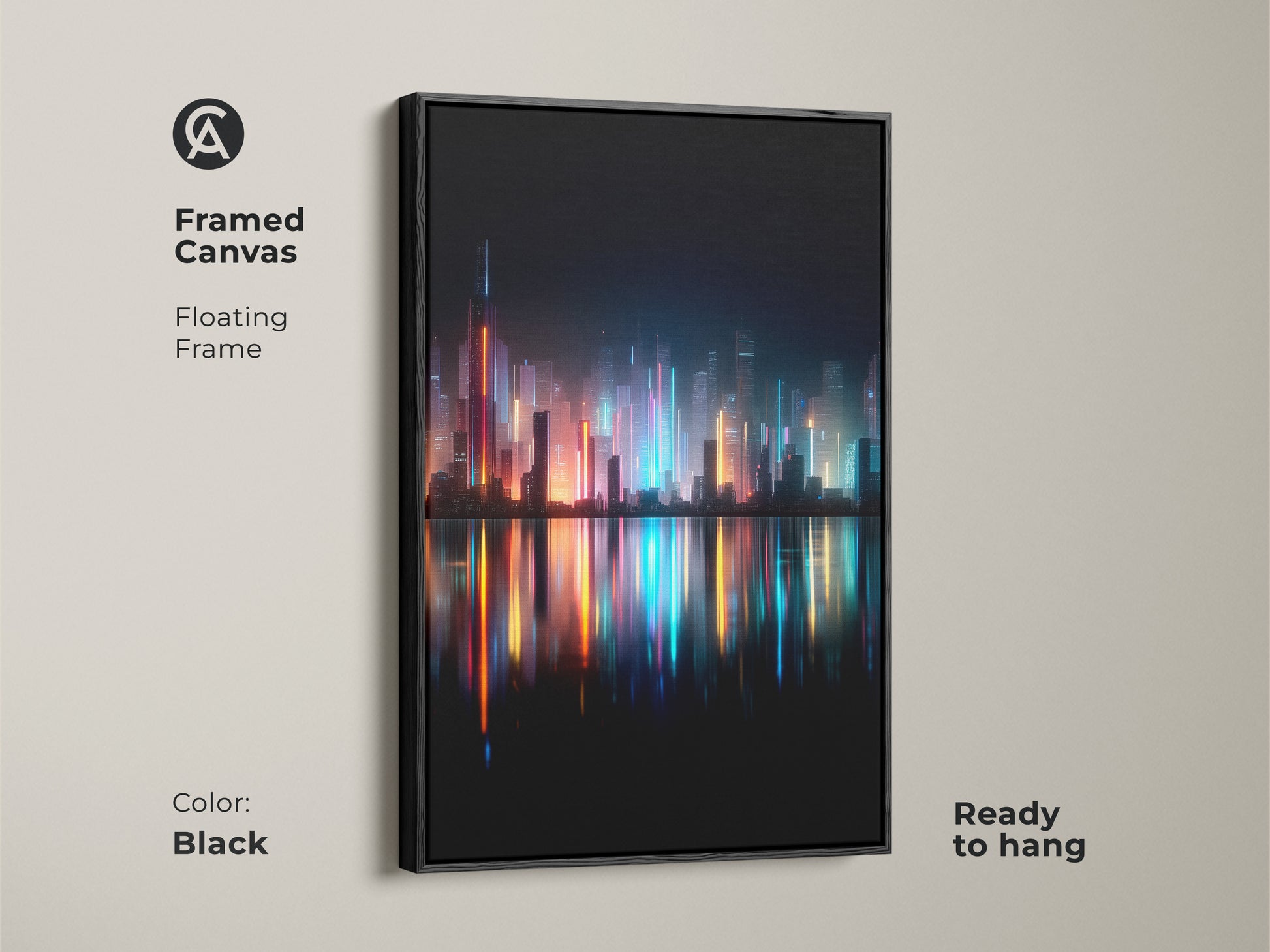Framed canvas art shows a glowing cityscape. It features a black floating frame. The artwork is ready to hang. The colorful lights of the city create a mesmerizing effect.