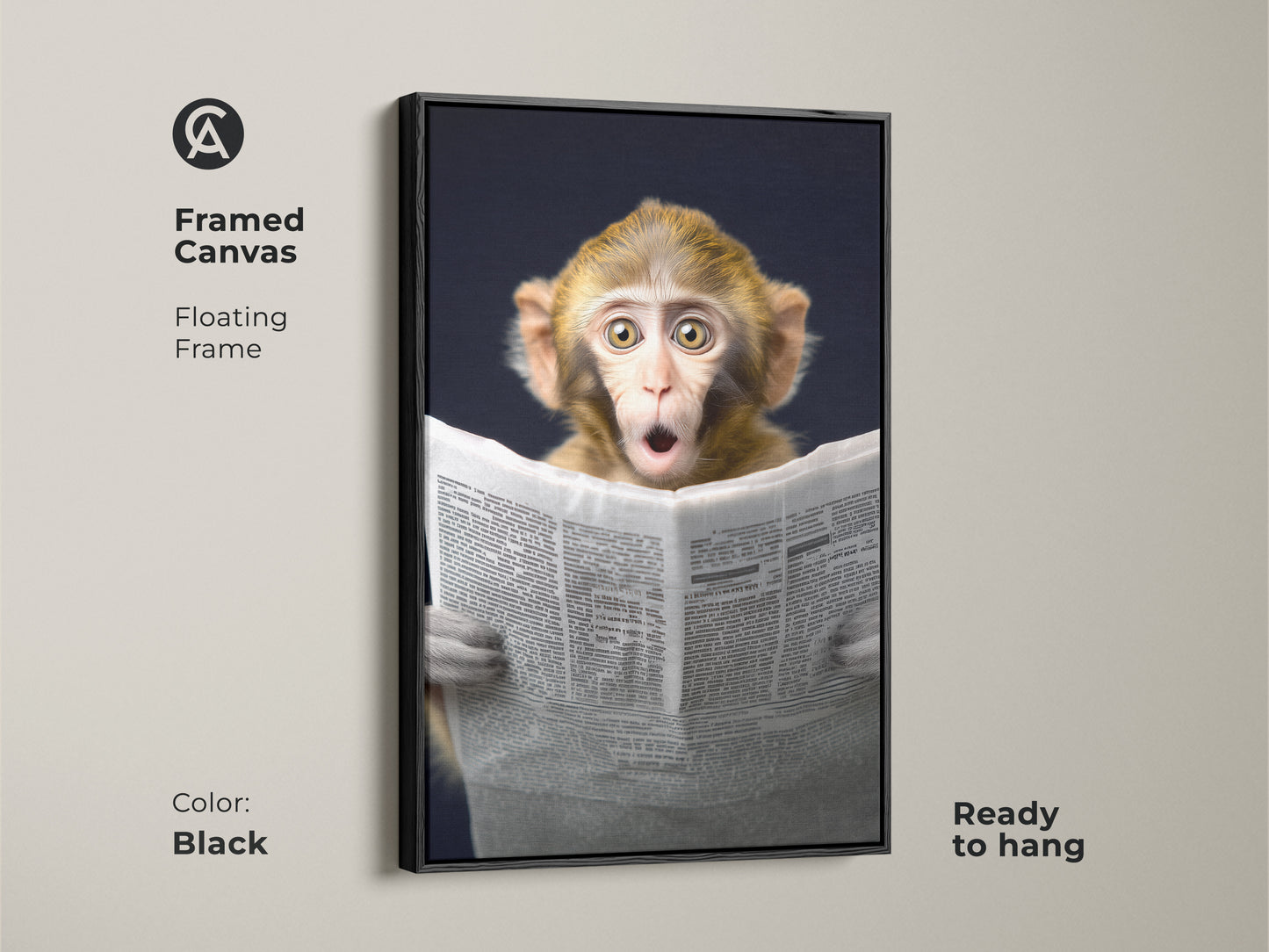 This framed canvas features a monkey reading a newspaper artwork. The floating black frame enhances the modern eclectic art. It's ready to hang adding personality to your office space. This newspaper themed art is a unique wall hanging. Perfect for animal lovers this animal themed wall art is a conversation starter. It fits seamlessly with eclectic home decor.