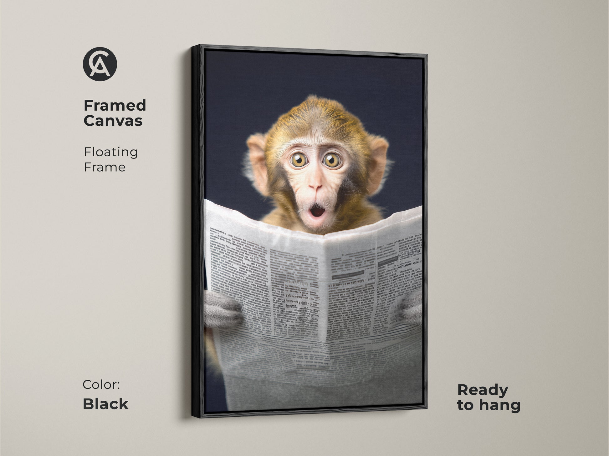 This framed canvas features a monkey reading a newspaper artwork. The floating black frame enhances the modern eclectic art. It's ready to hang adding personality to your office space. This newspaper themed art is a unique wall hanging. Perfect for animal lovers this animal themed wall art is a conversation starter. It fits seamlessly with eclectic home decor.