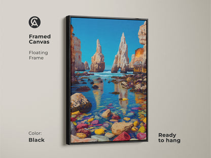 Framed canvas with a floating frame in black. The ocean landscape has bright blue sea art with a golden yellow ocean view. Coastal cliffs wall art is ready to hang. It features colorful beach pebbles artwork.