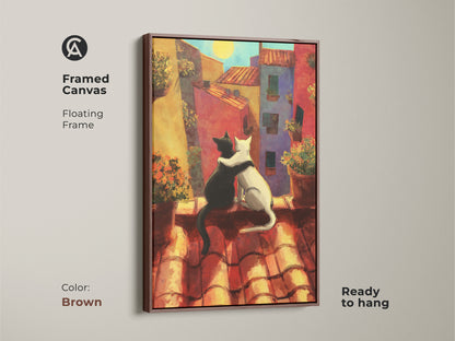 Framed canvas art with a brown floating frame. This romantic cat couple print features a black and white cat embrace. The vibrant cityscape adds color. Ready to hang for easy boho decor.