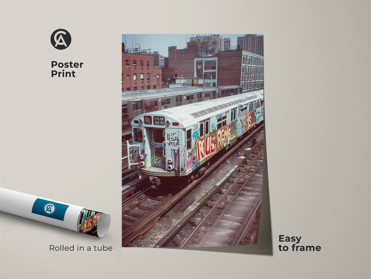 Poster print featuring a graffiti subway train. This urban street art is easy to frame. Rolled in a tube this industrial loft wall art adds a cityscape element. A unique gift for hip hop fans.