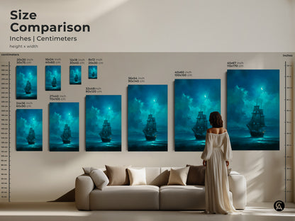 Size comparison of various artwork prints. This chart shows the dimensions in inches and centimeters. See how each size fits above a couch. Visualize the art in your home. Purchase art for your home today