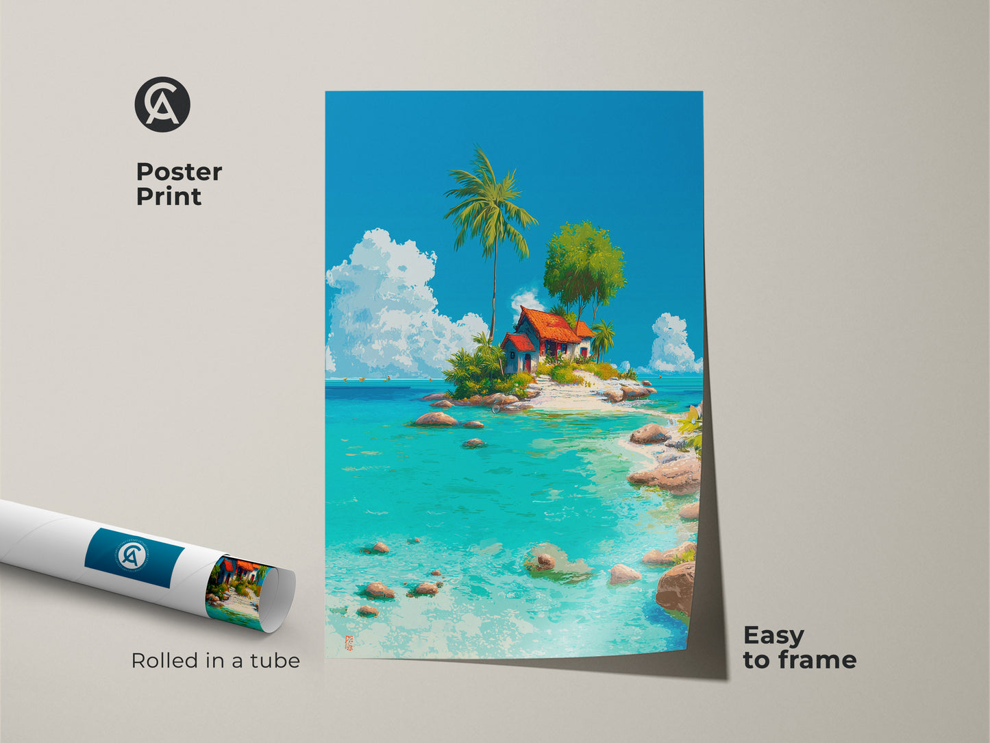 Poster print of a tropical island artwork rolled in a tube. The island features a small house palm tree and beautiful turquoise water. This museum-quality paper poster is easy to frame. Perfect for adding a touch of paradise to your wall decor.