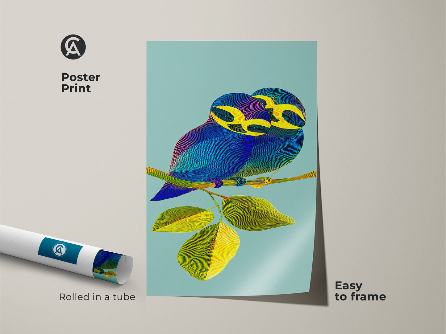 An easy-to-frame poster print features a line art bird couple on a branch. The artwork adds a pop of color to any living space. Rolled in a tube for protection this contemporary nature print is a perfect animal lover gift. The teal and yellow hues of this Scandinavian style decor piece create a serene yet vibrant atmosphere.