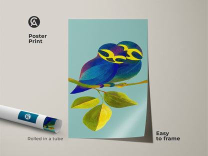 An easy-to-frame poster print features a line art bird couple on a branch. The artwork adds a pop of color to any living space. Rolled in a tube for protection this contemporary nature print is a perfect animal lover gift. The teal and yellow hues of this Scandinavian style decor piece create a serene yet vibrant atmosphere.