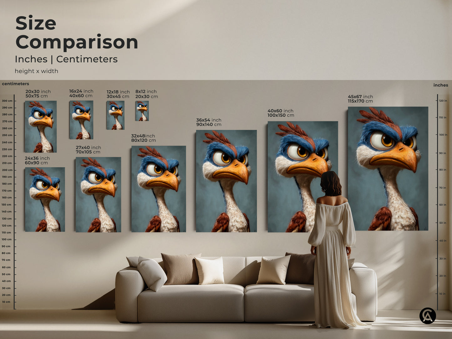 Size comparison of cartoon bird art prints. Visualize the art in various sizes in inches and centimeters. Find the ideal fit for your wall. Add a touch of character with this charming cartoon bird artwork.