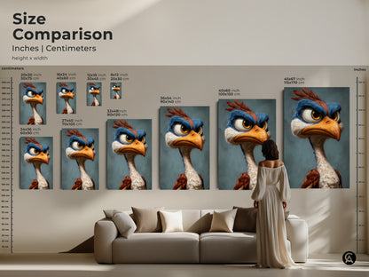 Size comparison of cartoon bird art prints. Visualize the art in various sizes in inches and centimeters. Find the ideal fit for your wall. Add a touch of character with this charming cartoon bird artwork.