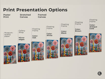 Print presentation options shown include a poster print a stretched canvas and framed canvas options. The artwork blends botanical dandelion forms with an abstract industrial cityscape in a colorful retro style.