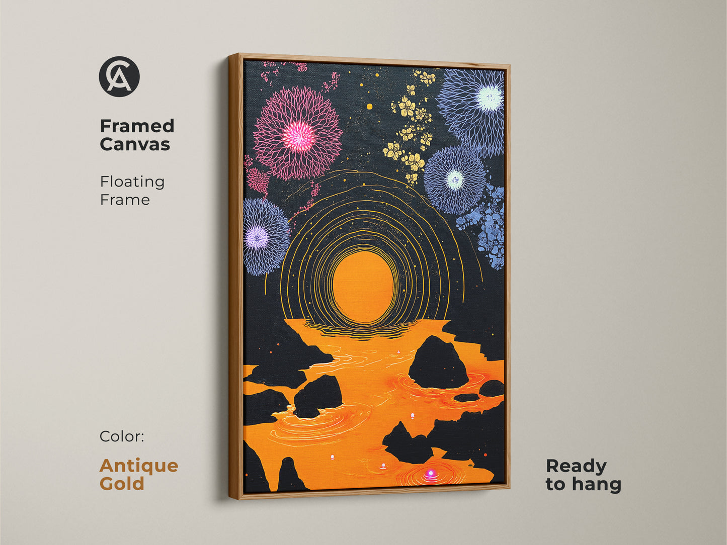 Antique gold framed canvas abstract geometric wall art ready to hang. The purple orange canvas print features dandelion fireworks art for eclectic bedroom decor. Perfect modern folk art print as an art lovers gift idea with black background art.