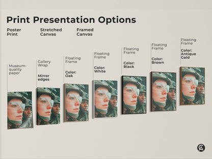 Explore art print options. This image shows poster prints. Stretched canvas and framed canvas are available. Choose the perfect presentation. Enhance your space with museum-quality paper or gallery-wrapped canvas.
