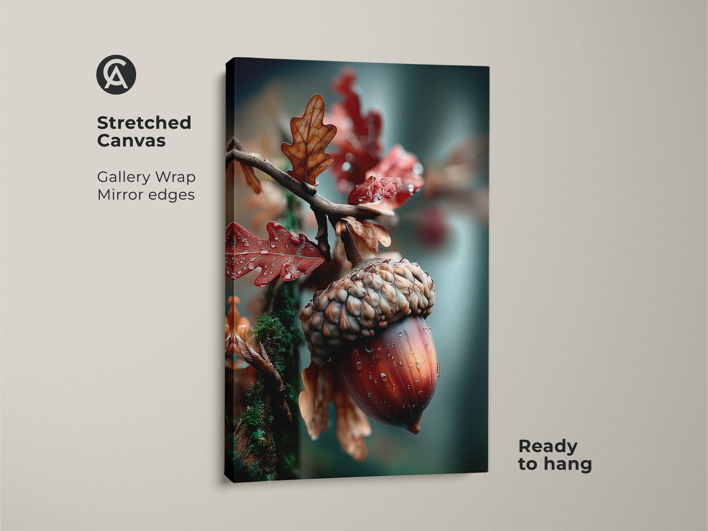 A stretched canvas print of an acorn and oak leaves. This gallery wrapped canvas has mirror edges. The acorn artwork is ready to hang. Perfect for nature lovers. This canvas art brings the outdoors inside.