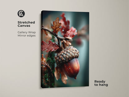 A stretched canvas print of an acorn and oak leaves. This gallery wrapped canvas has mirror edges. The acorn artwork is ready to hang. Perfect for nature lovers. This canvas art brings the outdoors inside.