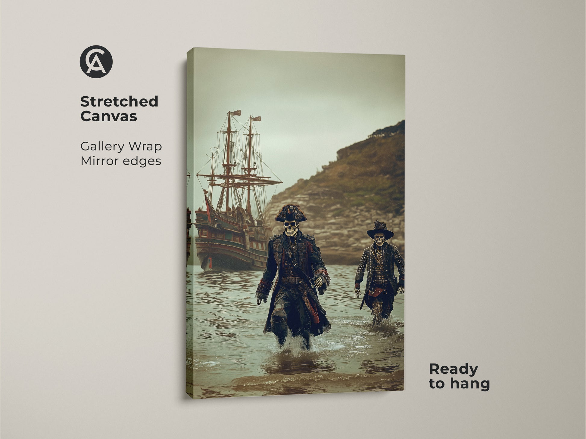 This stretched canvas features skeleton pirates and a galleon ship. It's a gothic dark fantasy wall art piece ready to hang. The gallery-wrapped canvas has mirrored edges. It's an eclectic nautical artwork with deep teal and brown hues. Ideal for pirate enthusiasts.