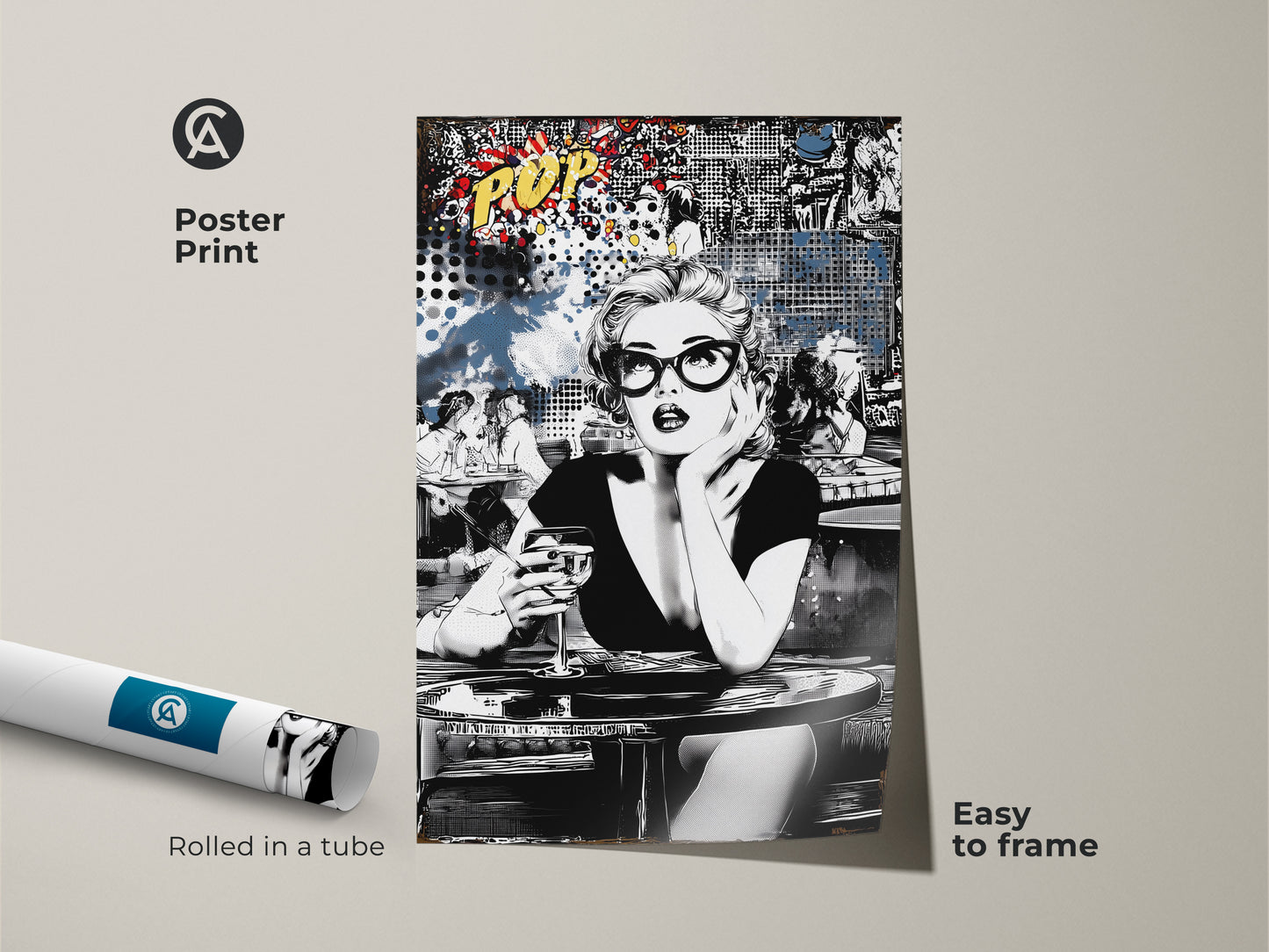This pop art cocktail woman print is easy to frame. Rolled in a tube for safe delivery. The black and white artwork brings retro glamour to any room. Perfect as eclectic home bar art or pop culture wall hanging. A unique birthday gift for retro lovers.