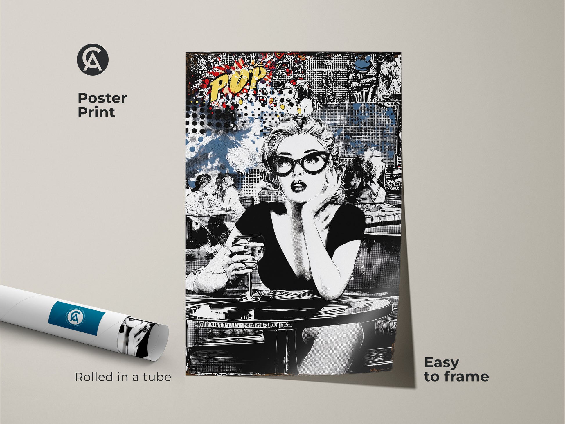 This pop art cocktail woman print is easy to frame. Rolled in a tube for safe delivery. The black and white artwork brings retro glamour to any room. Perfect as eclectic home bar art or pop culture wall hanging. A unique birthday gift for retro lovers.
