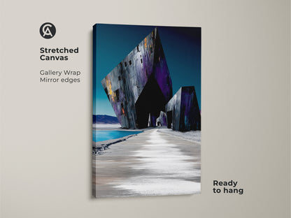 Stretched canvas art featuring an abstract geometric canvas print with gallery wrap. The deep purple and dark gray futuristic architecture art is ready to hang. A unique surrealism decor for office or home.