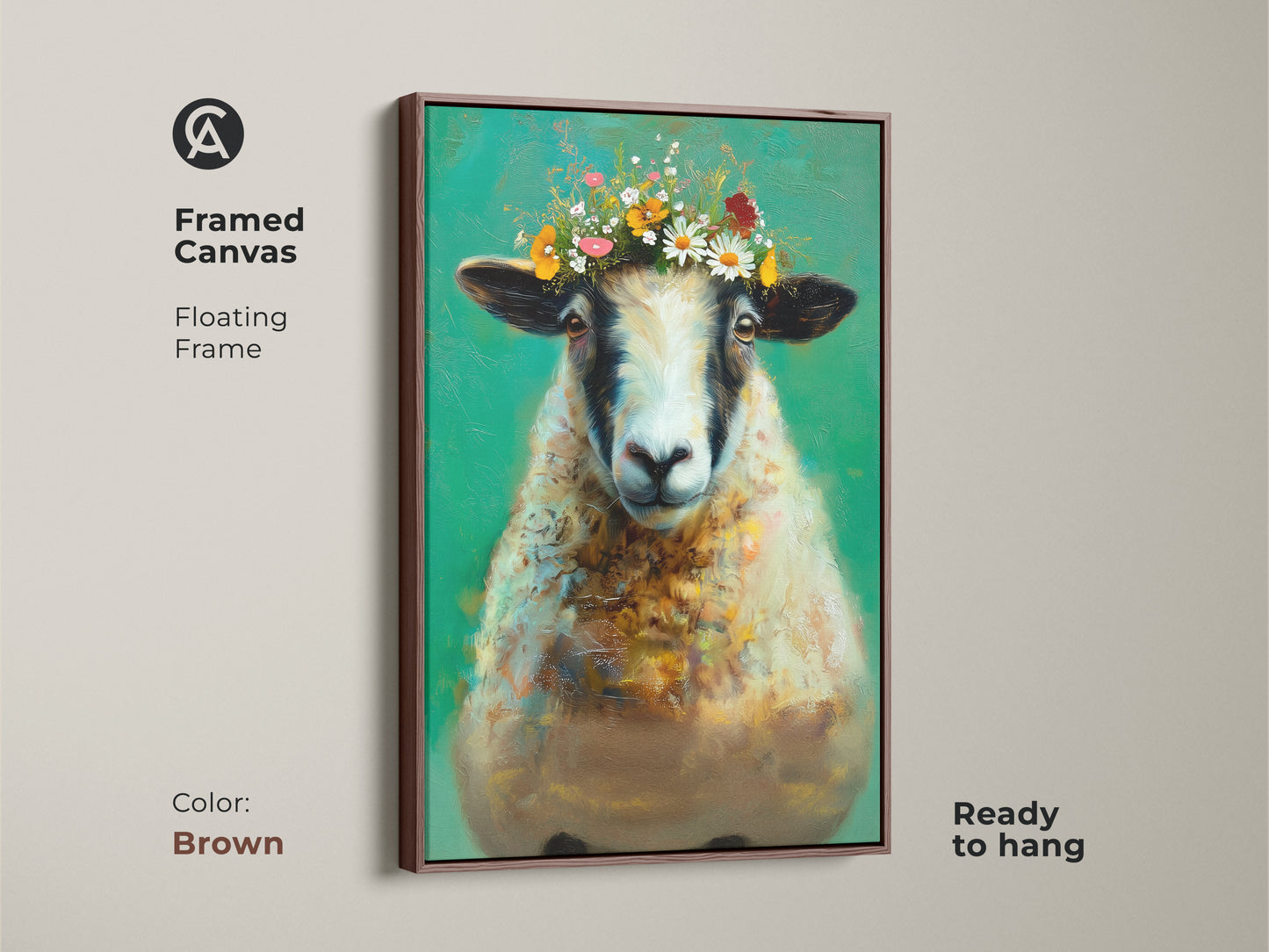 Framed canvas showcasing a sheep wearing a vibrant floral crown. The brown floating frame complements the rustic wall decor. This whimsical animal print is ideal for bohemian home decor. This emerald green and teal art print is ready to hang. It is a unique and cute sheep painting.
