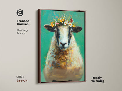 Framed canvas showcasing a sheep wearing a vibrant floral crown. The brown floating frame complements the rustic wall decor. This whimsical animal print is ideal for bohemian home decor. This emerald green and teal art print is ready to hang. It is a unique and cute sheep painting.