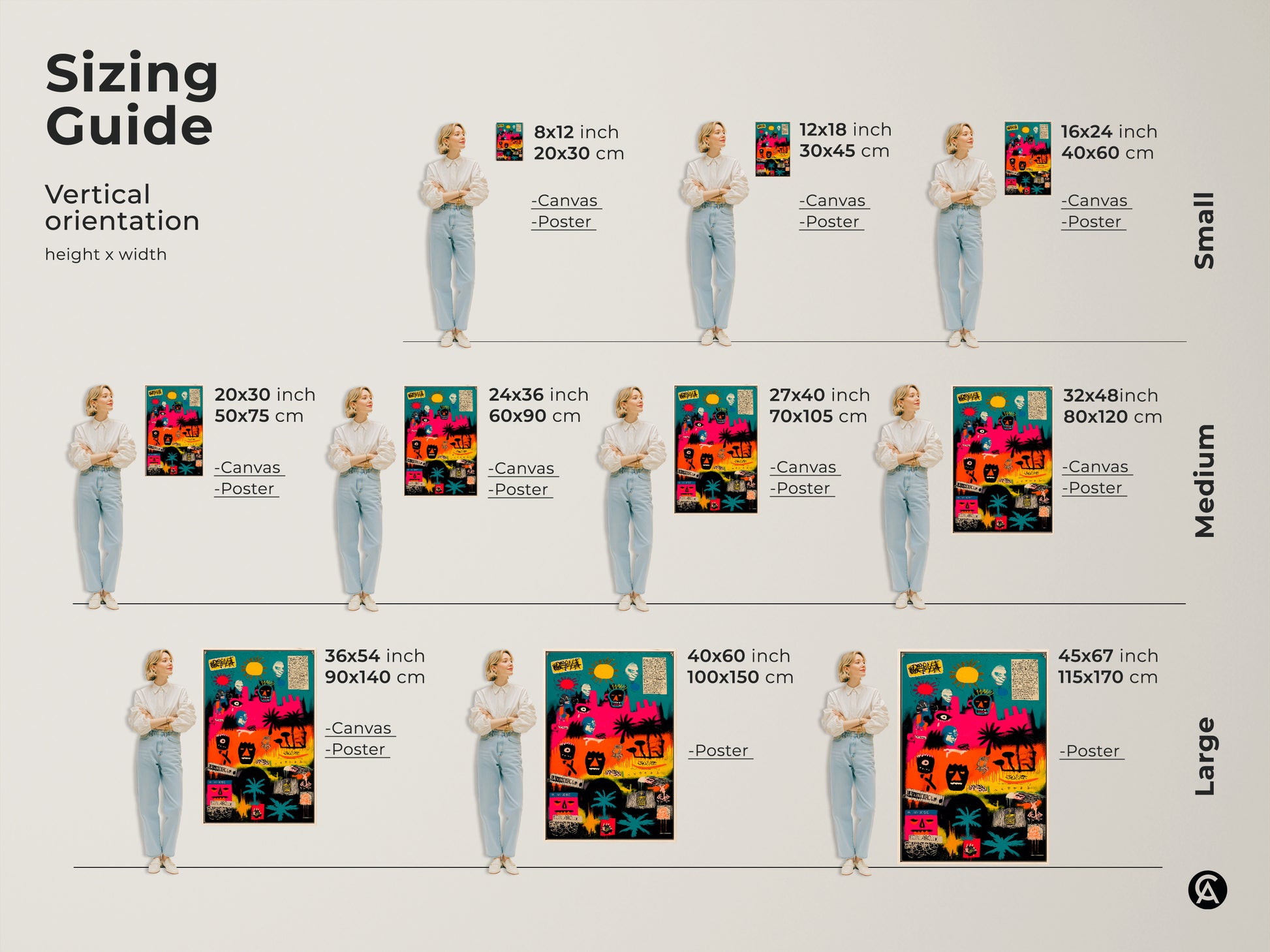 Discover the perfect size for your new artwork with our sizing guide. This vertical artwork is available in small medium and large sizes. Find the ideal fit for your space and style preferences.
