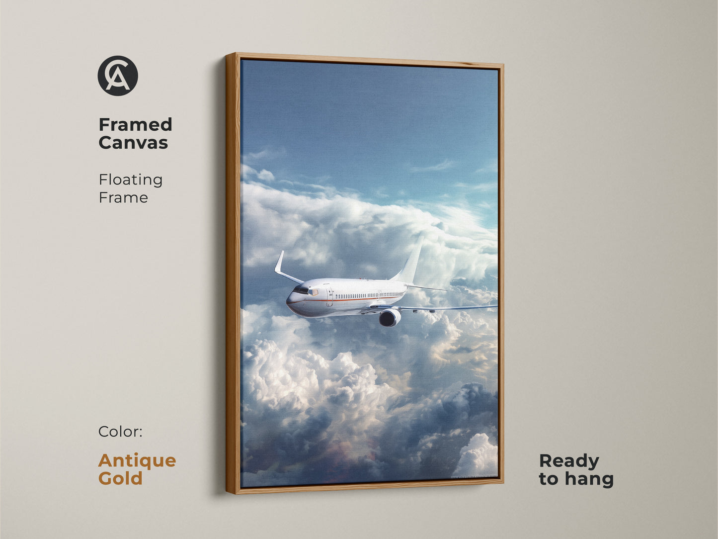 Framed canvas of an airplane flying through clouds. This aviation artwork has an antique gold floating frame and is ready to hang. It is a modern sky blue airplane print. Perfect for office decor or a travel gift.