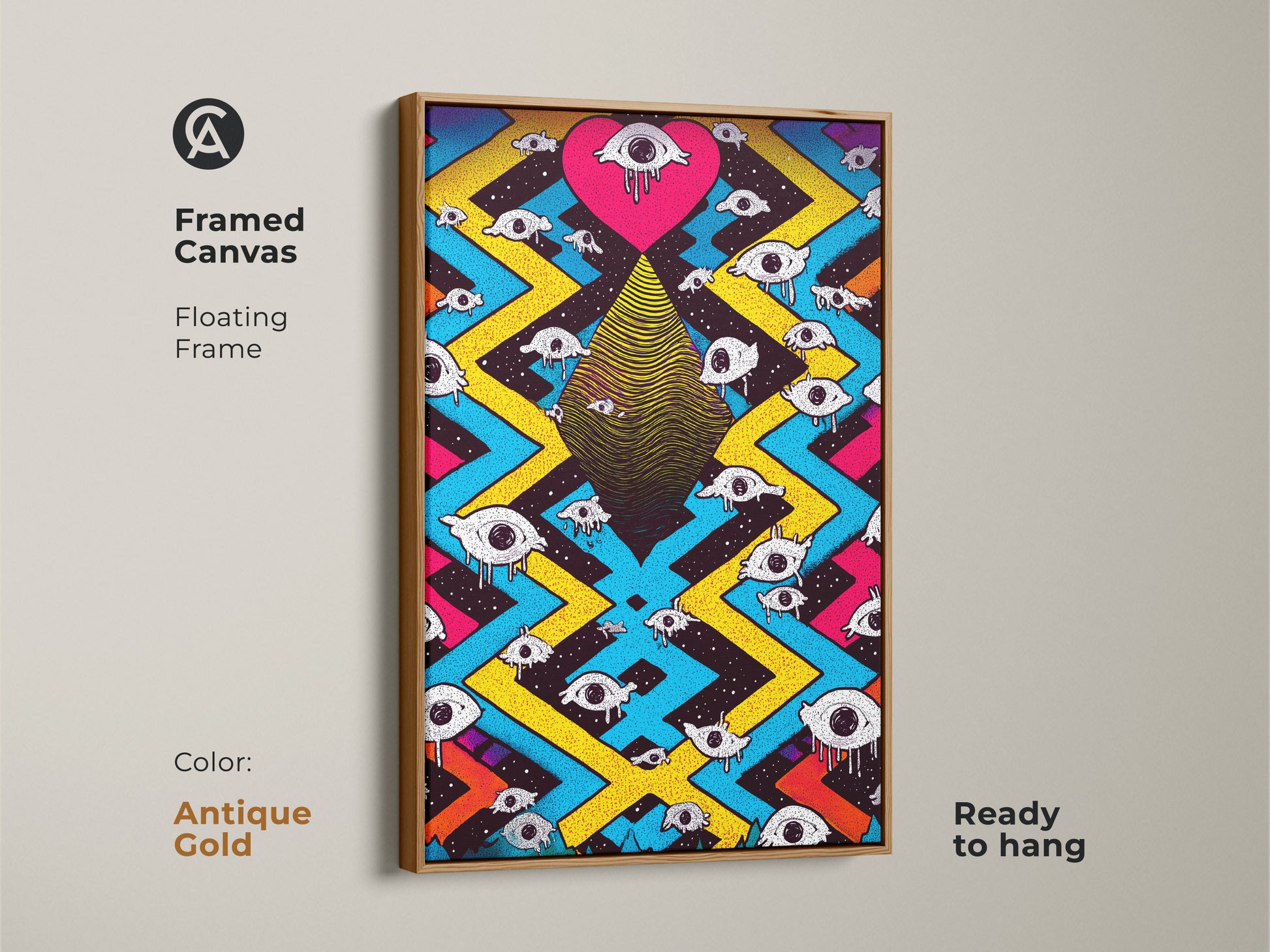 An antique gold framed canvas highlights a surreal eye heart artwork. This psychedelic abstract wall art is ready to hang. Its floating frame enhances eclectic bedroom decor. The magenta yellow blue colors give a trippy vibe. This unique artwork is perfect for teen rooms. The painting creates a bold statement.