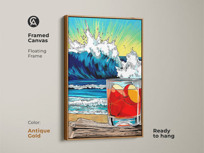 Antique Gold Framed Canvas Beach Wave Drink artwork. Featuring a floating frame around a fun beach wave artwork. Coastal kitchen art print to enhance your bar cart.