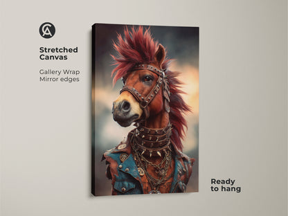 Stretched Canvas featuring Punk Rock Horse with a red mohawk. Perfect gothic horse art for man caves. The gallery wrapped with mirror edges are ready to hang. Alternative horse painting for rock fans