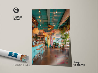 Get this surf shack poster print for an easy decor update. The artwork is rolled in a tube for safe shipping. Frame it to match your style. This beach bar scene brings a relaxed coastal atmosphere. The vibrant colors and surfboards make it a perfect addition to any room. Easy to frame.