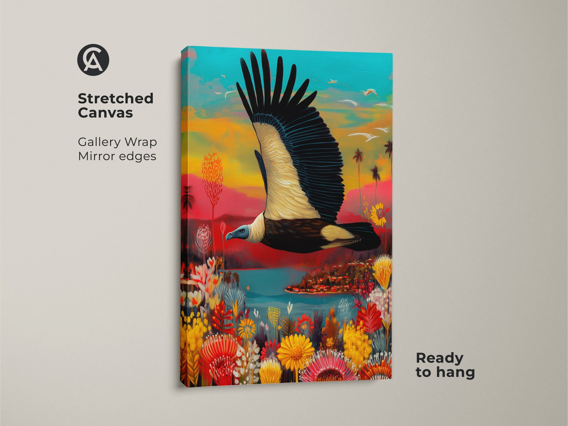 Stretched canvas art featuring a vulture in a tropical paradise. This colorful wildlife canvas print offers an eclectic fantasy landscape. Ideal tropical nature wall art for a vibrant exotic animal canvas decor.