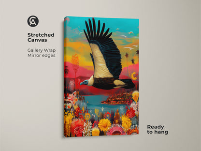Stretched canvas art featuring a vulture in a tropical paradise. This colorful wildlife canvas print offers an eclectic fantasy landscape. Ideal tropical nature wall art for a vibrant exotic animal canvas decor.