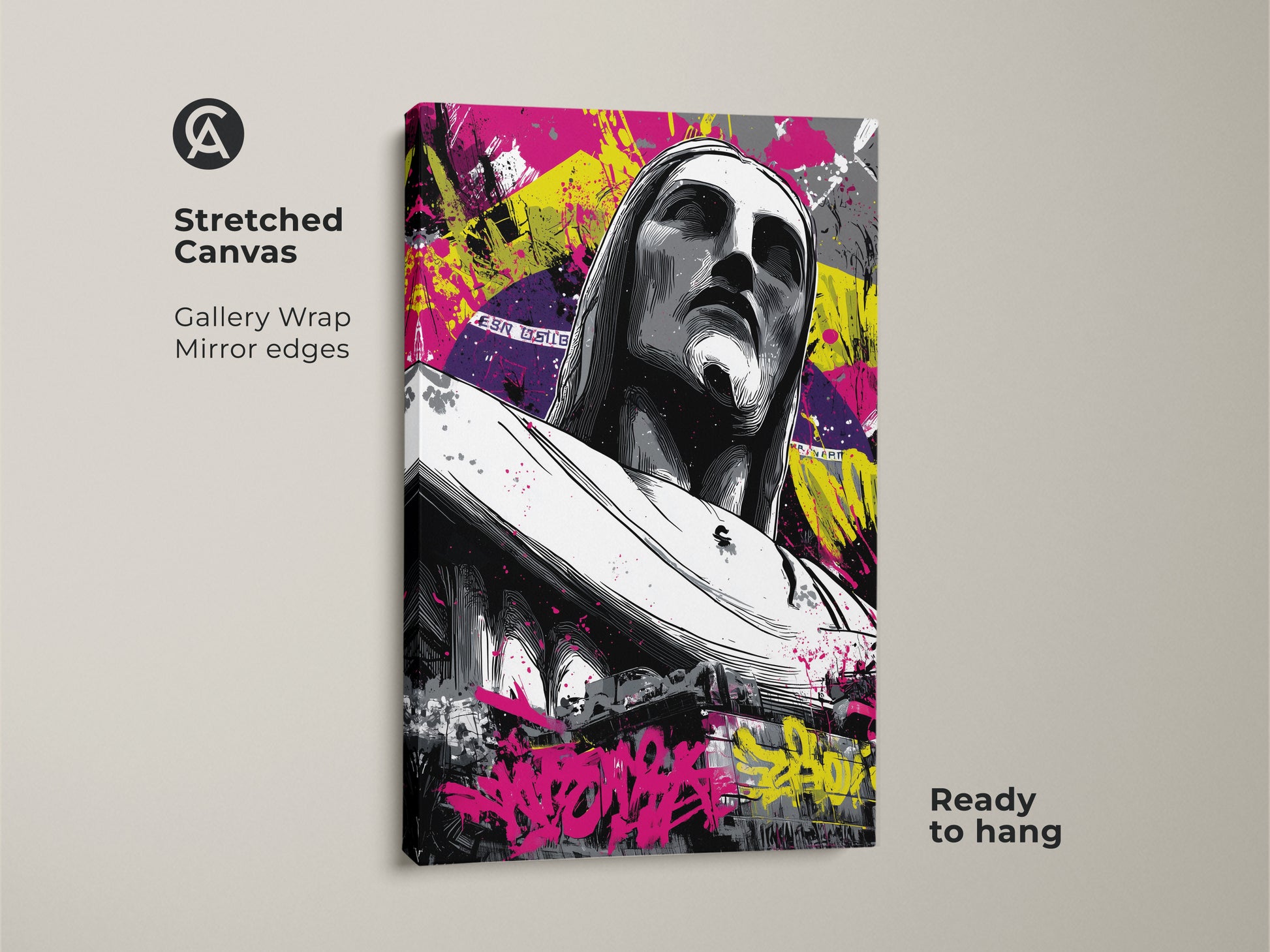 Stretched canvas print of Christ the Redeemer art. The gallery wrap features mirror edges. Urban street art decor with abstract graffiti. This religious artwork is ready to hang. It will add a modern touch to any room