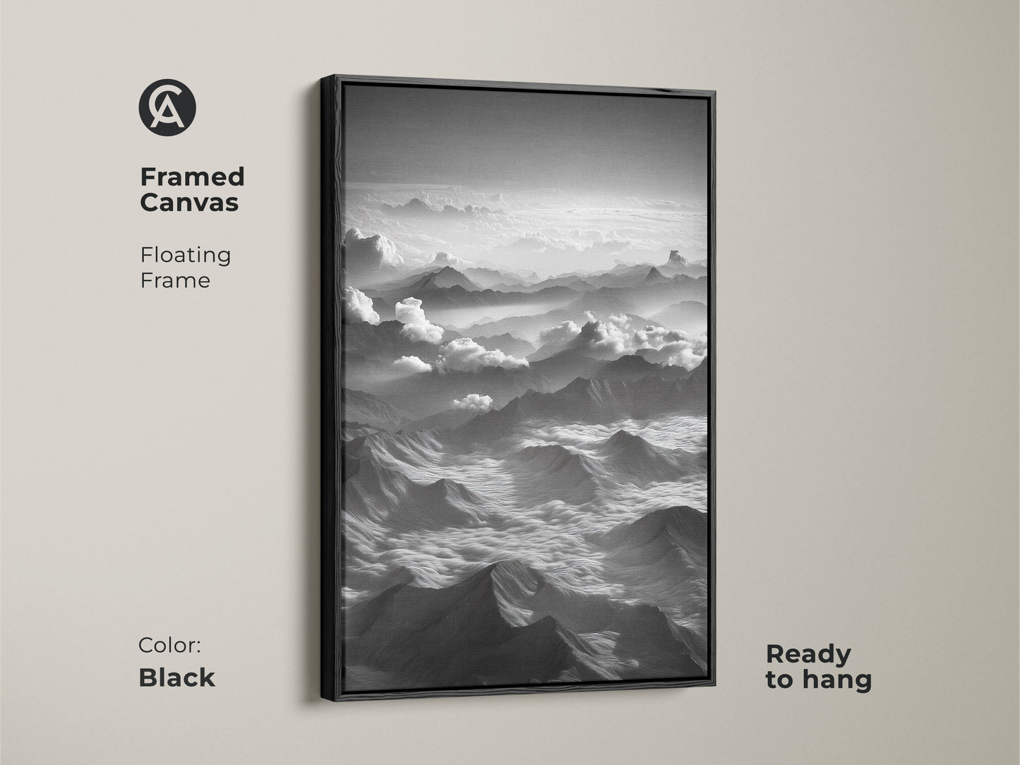 Black framed canvas displays monochrome mountain wall art. Aerial landscape print offers a modern nature decor. Black and white mountain artwork enhances any space. Ready to hang floating frame complements minimalist landscape decor. Perfect for high altitude art lovers.