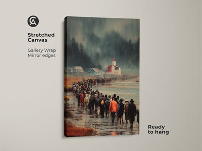 Stretched canvas artwork of a procession to church. It's a coastal town wall art with gallery wrap and mirror edges. The figurative landscape canvas shows people walking in an artful community gathering. It is ready to hang to enhance any room decor