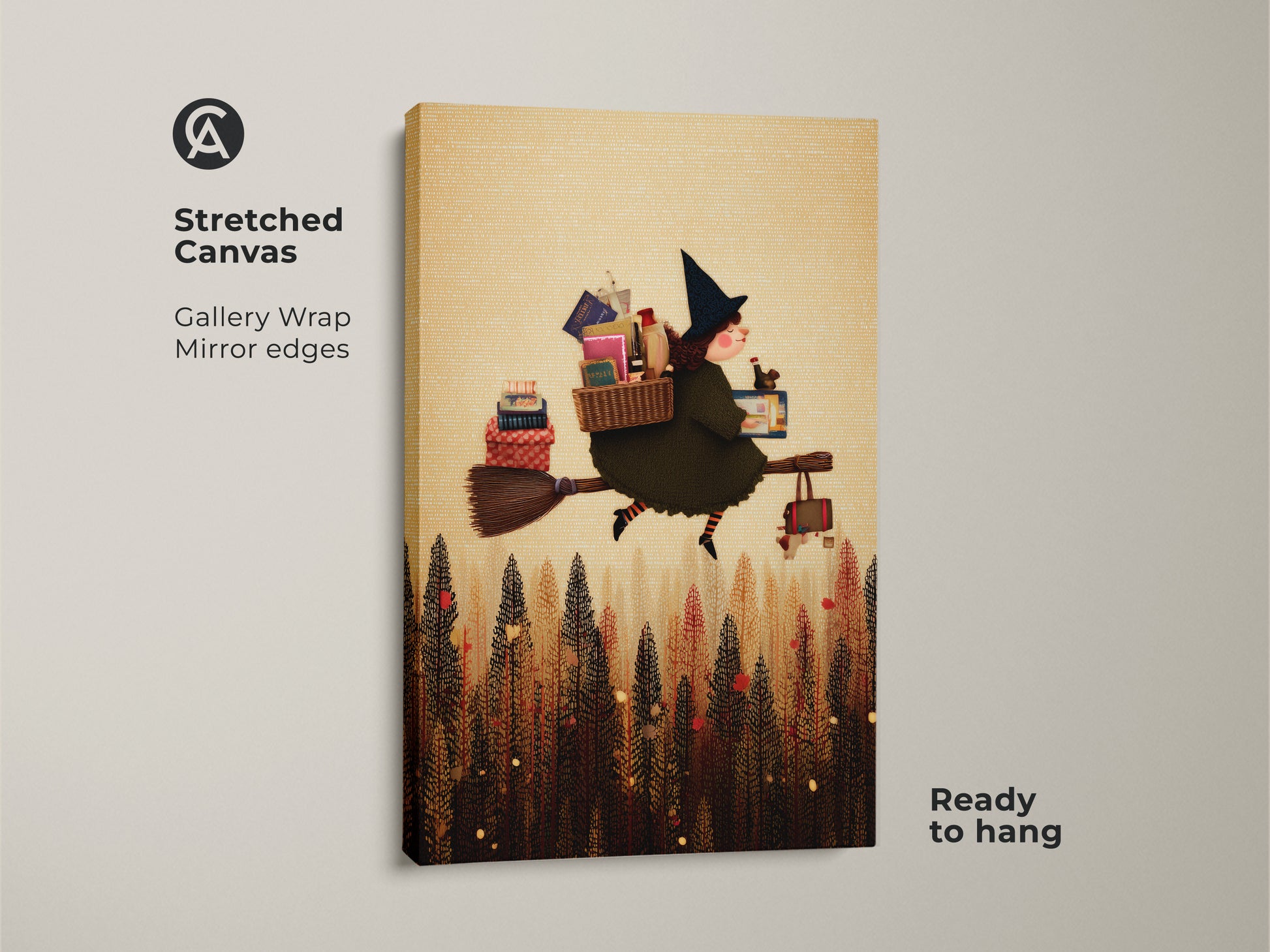 Stretched Canvas Print of a Folk Art Witch carrying books on a broom. Perfect for Kids Room Wall Art or unique Halloween Decor Art. Its Eclectic Forest Artwork adds charm. Ready to hang.