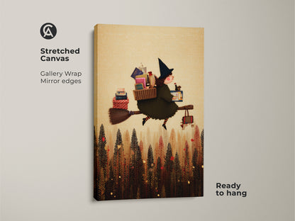 Stretched Canvas Print of a Folk Art Witch carrying books on a broom. Perfect for Kids Room Wall Art or unique Halloween Decor Art. Its Eclectic Forest Artwork adds charm. Ready to hang.