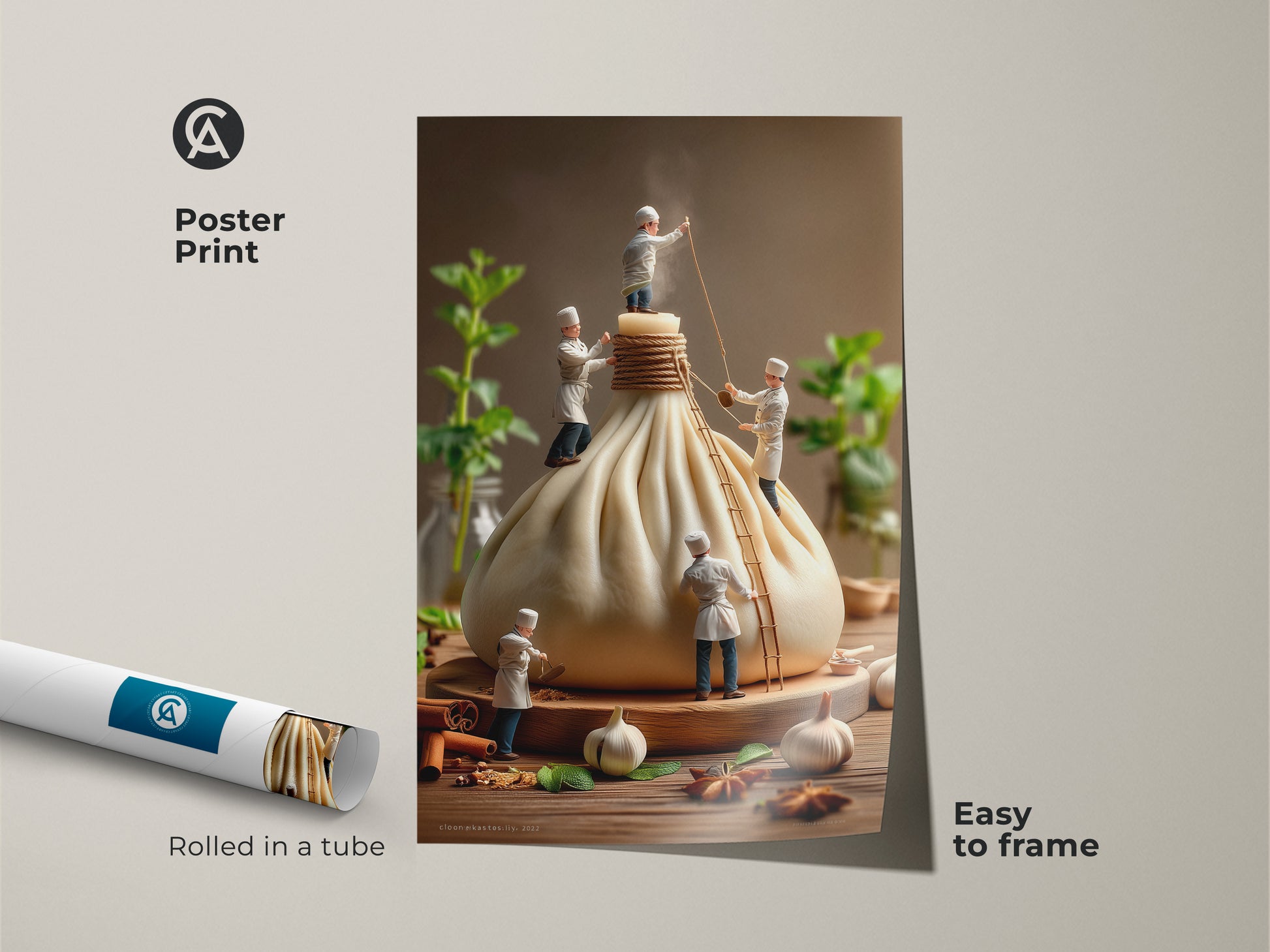 Poster print of miniature chefs working on a giant dumpling. This art print comes rolled in a tube and is easy to frame. Ideal for adding a touch of culinary whimsy to your kitchen or dining area wall decor.