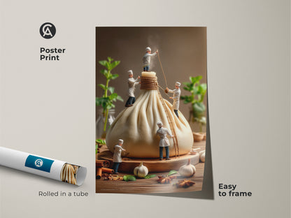 Poster print of miniature chefs working on a giant dumpling. This art print comes rolled in a tube and is easy to frame. Ideal for adding a touch of culinary whimsy to your kitchen or dining area wall decor.
