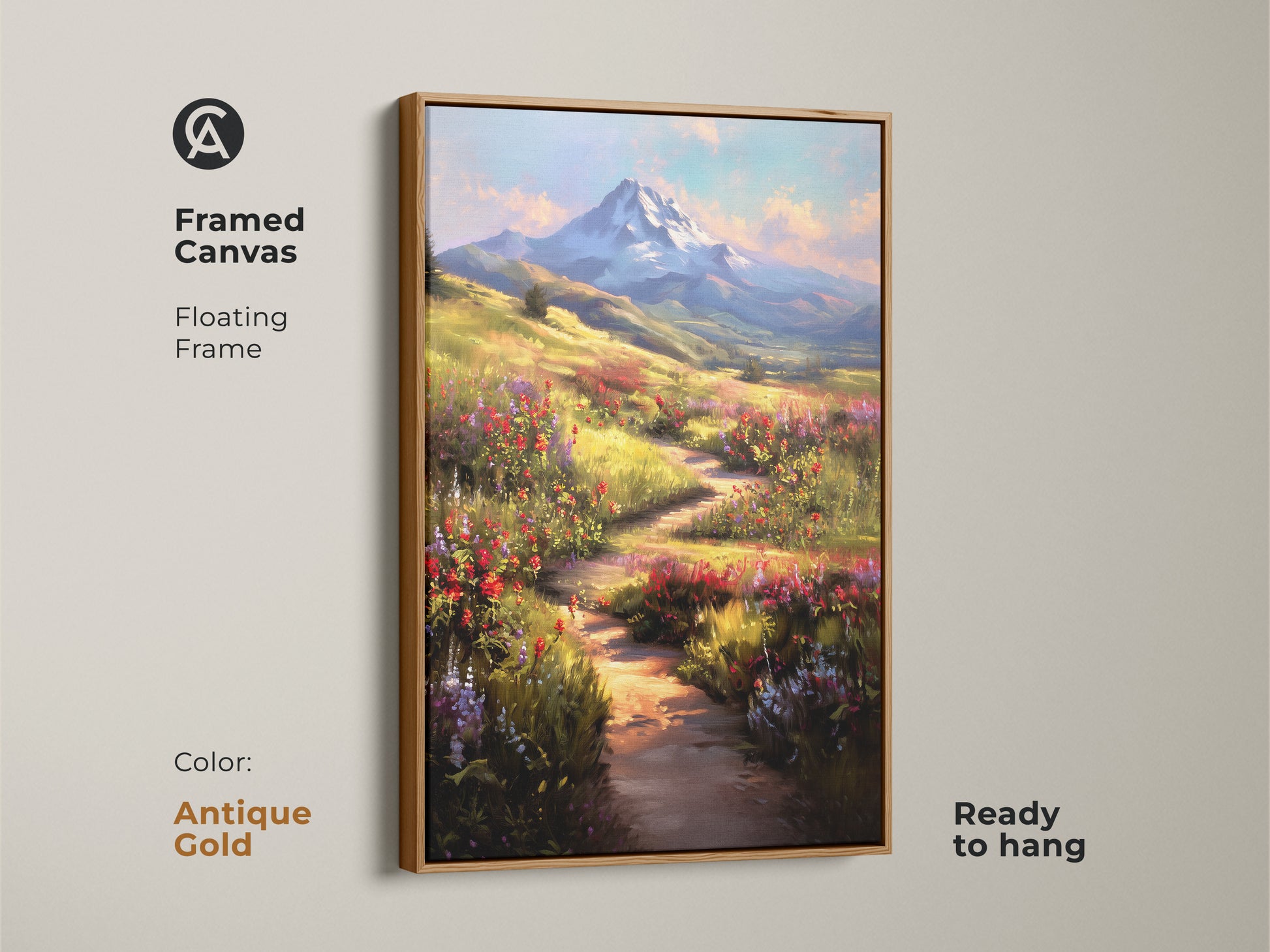 Framed canvas art featuring a beautiful impressionistic mountain landscape with wildflowers. The antique gold floating frame adds elegance to this nature art. This blue yellow and green scenic mountain view print is ready to hang. Perfect for residential wall decor and a thoughtful housewarming gift.
